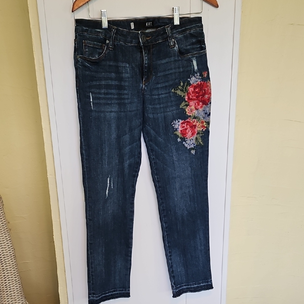 Kut from the Kloth Dark Blue Floral Embroidered Straight Leg Jeans